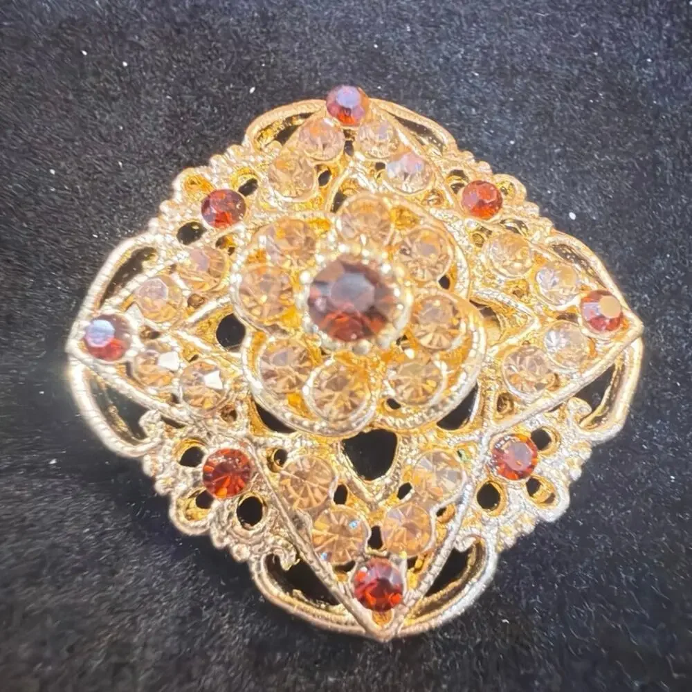 Vintage Gold-Tone Red & Champagne Rhinestone Brooch Dimensional Floral Statement